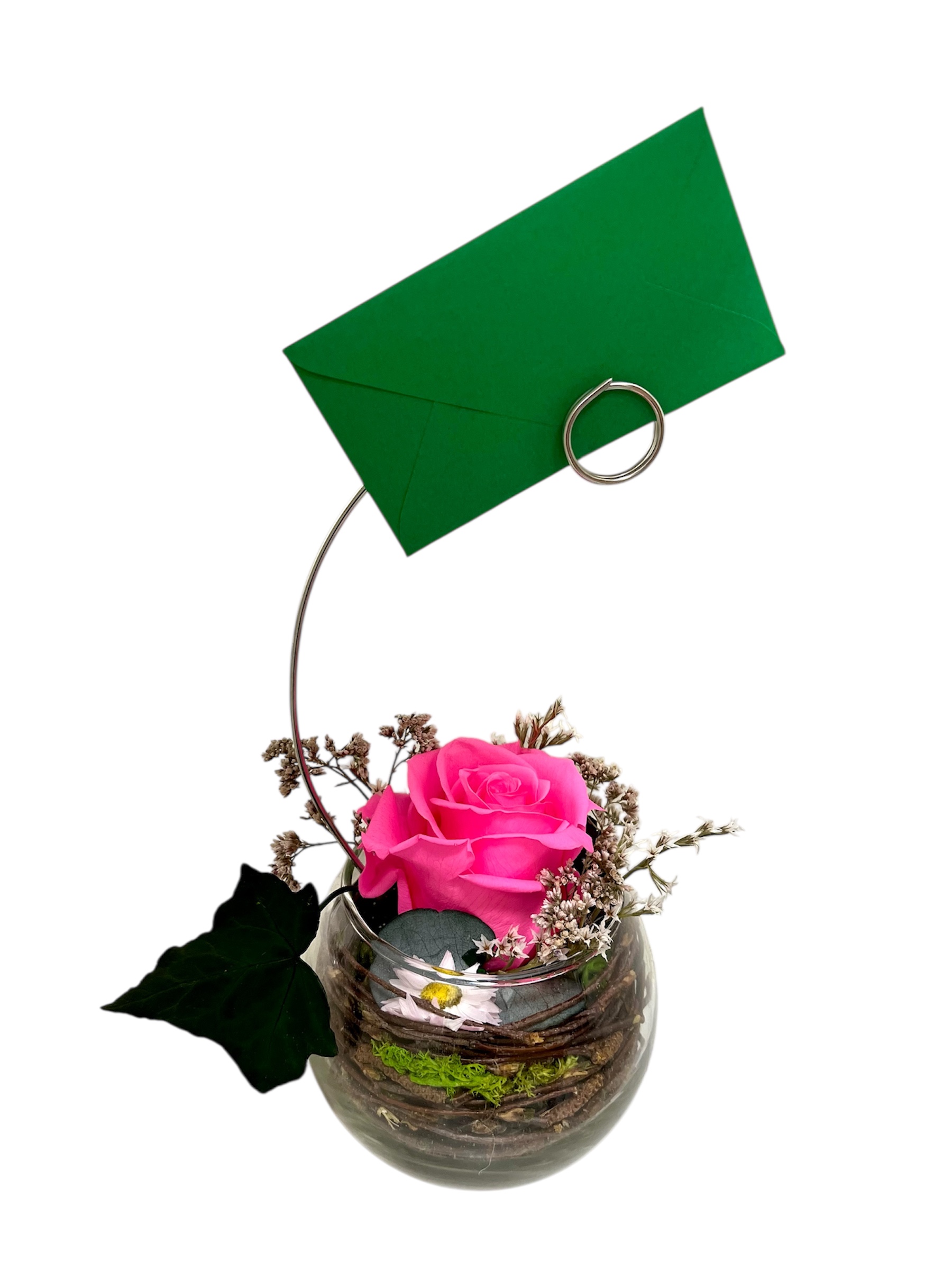 Stabilizovaná růže ve skle s obálkou na vzkaz